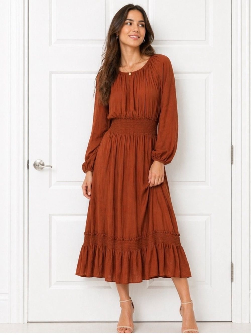 tea n rose Boho Midi Dress Burnt Orange Smocked Waist Long Sleeve SZ S NWOT